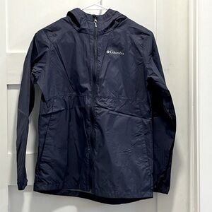 Blue Columbia rain jacket, kids size L.